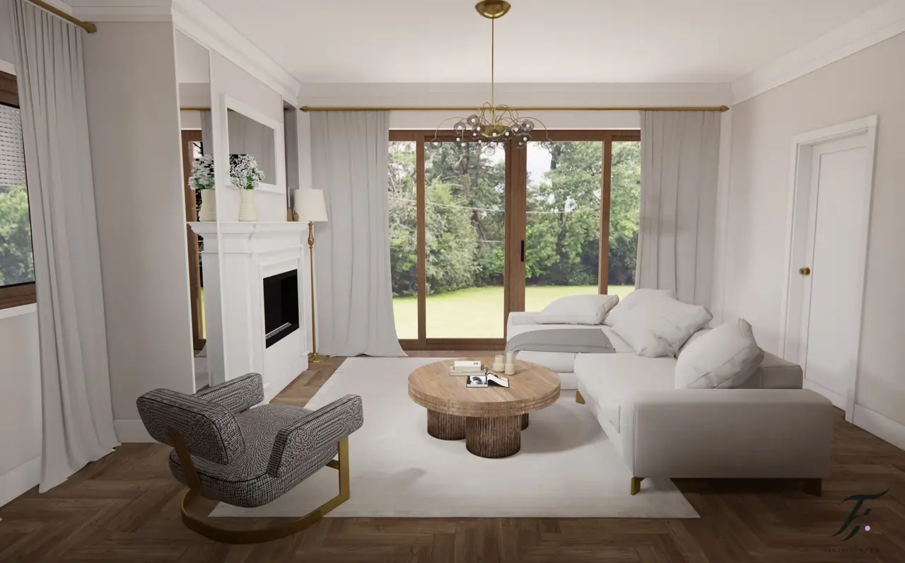 Elegancki, luksusowy salon w klasycznym stylu, wypełniony jasnymi kolorami. Centralnym punktem wnętrza jest kominek, gdzie umieściliśmy  lustra po obu jego stronach, optycznie powiększające przestrzeń. W salonie znajduje się biała, stylowa sofa, która nadaje wnętrzu świeżości i lekkości. Przed sofą stoi drewniany stolik kawowy, dodający ciepła i naturalnego akcentu. Kontrastuje z nim wyrazisty fotel w kratkę, który przyciąga wzrok i wprowadza odrobinę wzorniczej dynamiki. 