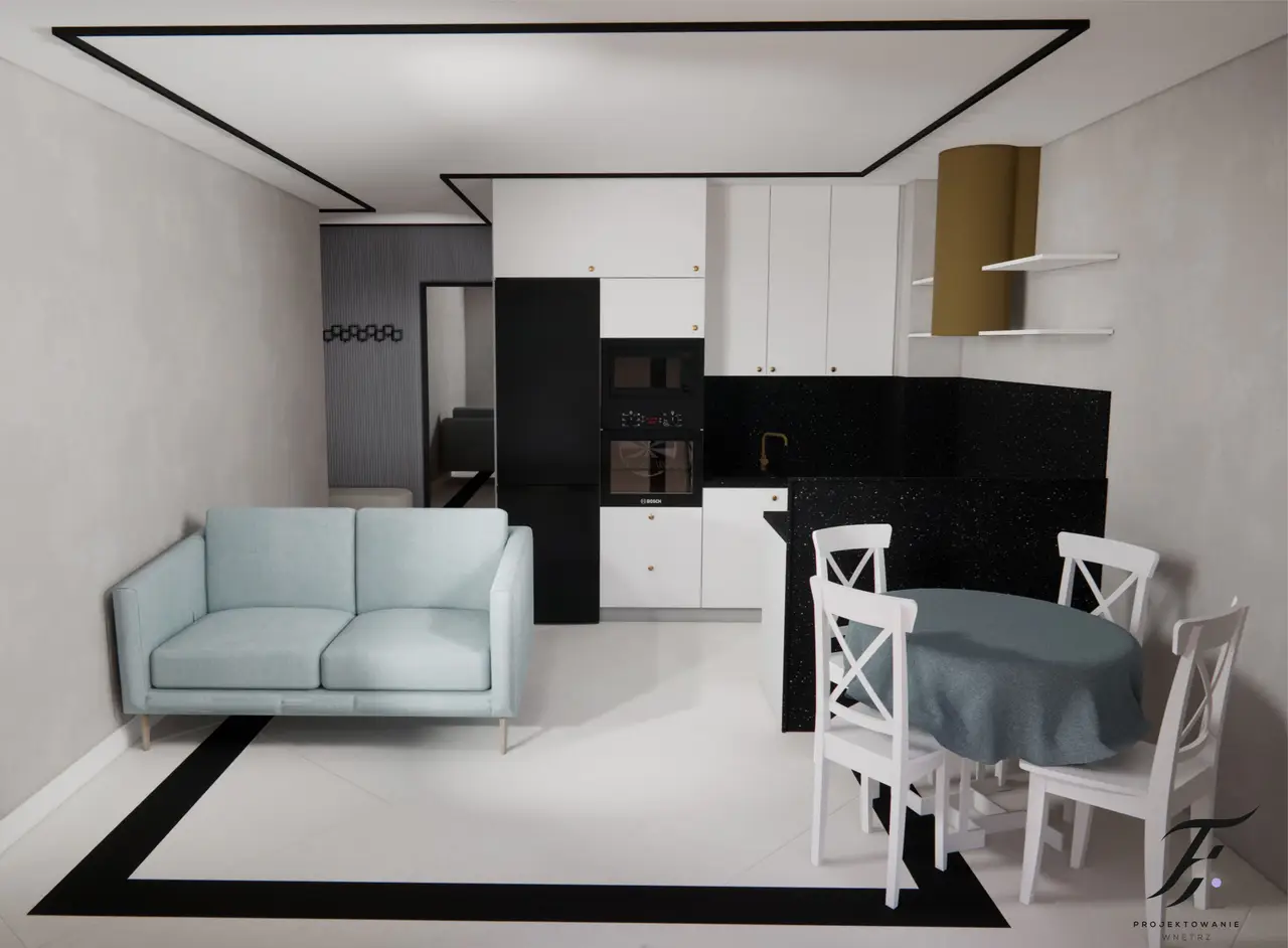 kuchnia z salonem bialo czarna