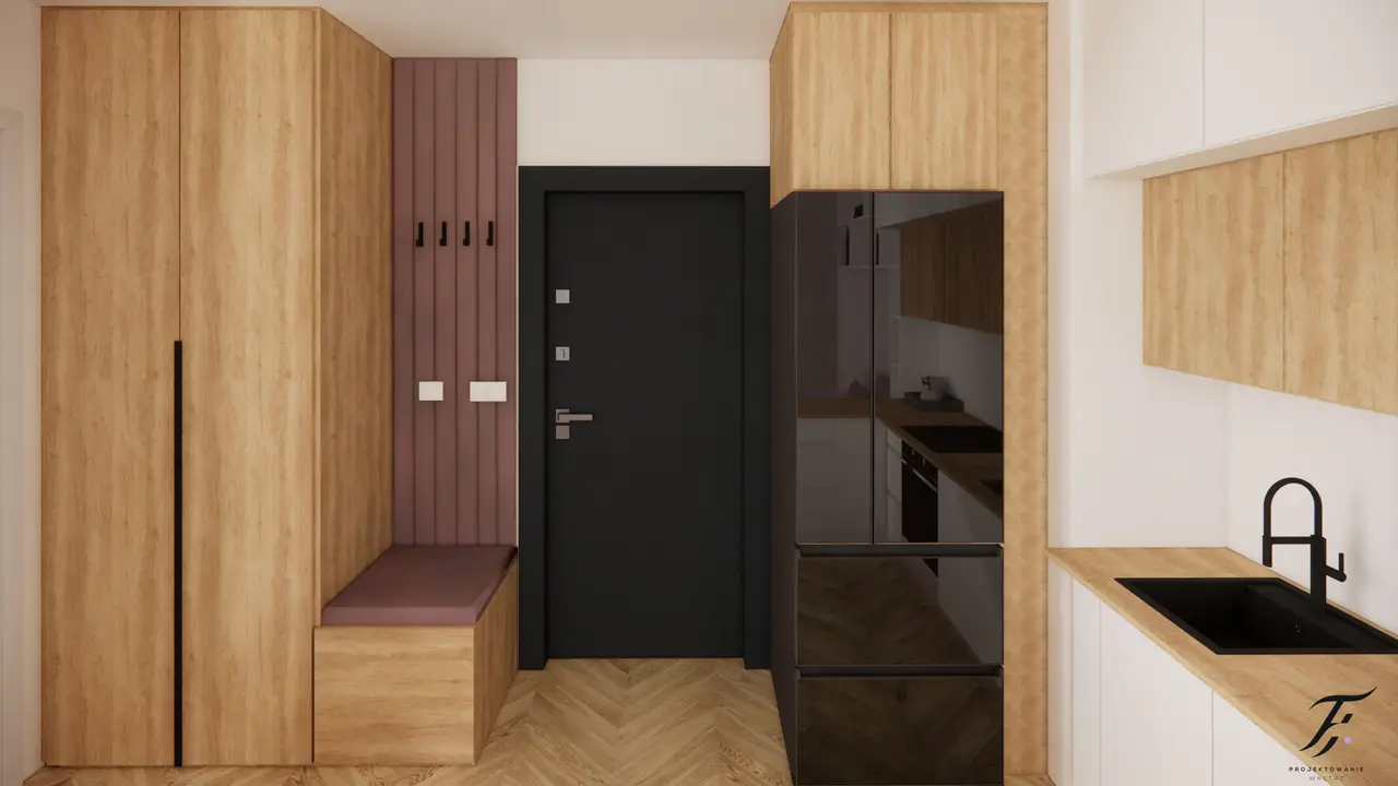 biała kuchnia z drewnem i sofą pudrowy róż 