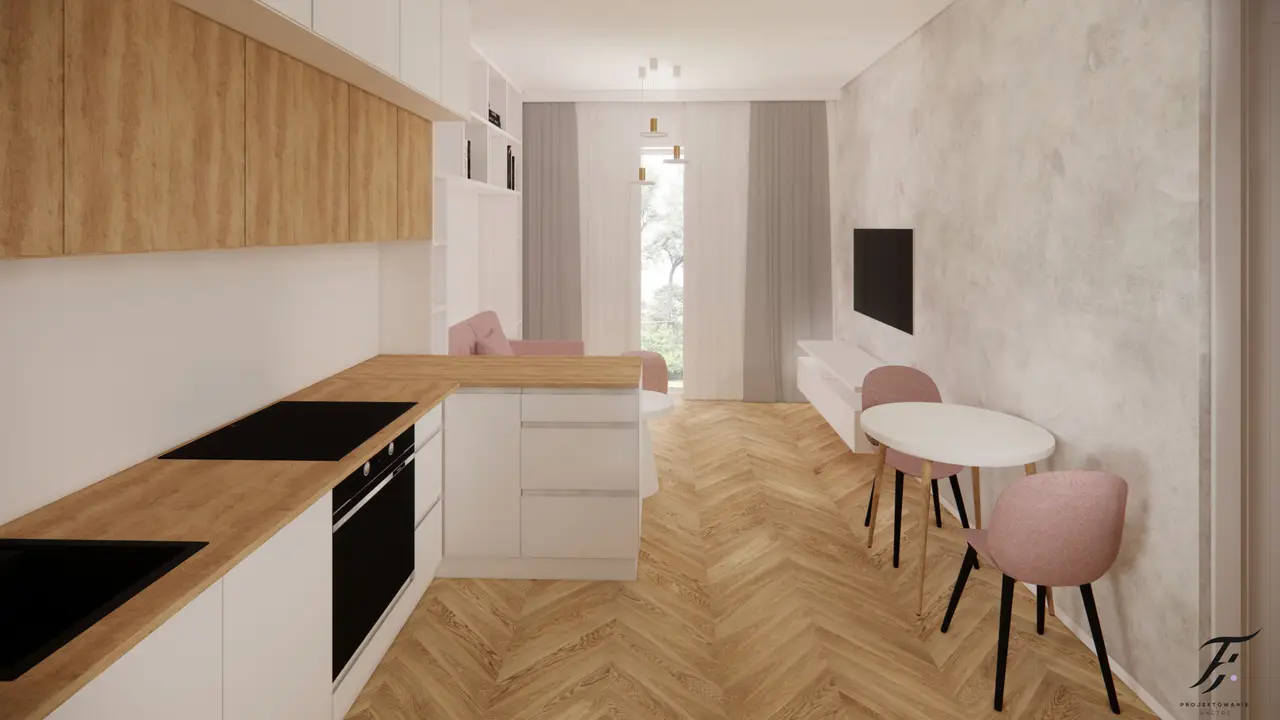 biała kuchnia z drewnem i sofą pudrowy róż 