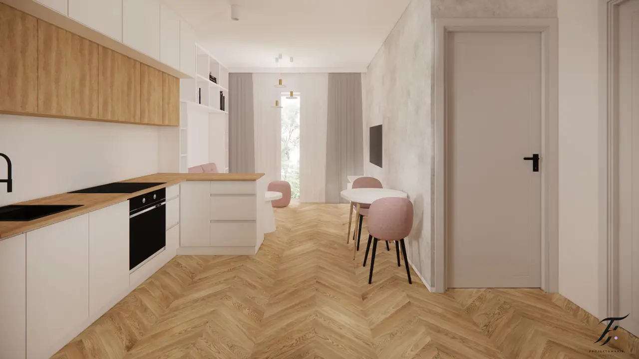 biała kuchnia z drewnem i sofą pudrowy róż 