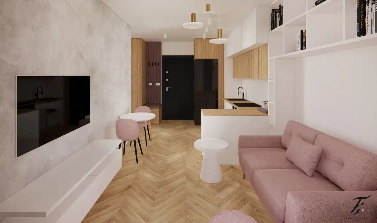biała kuchnia z drewnem i sofą pudrowy róż 
