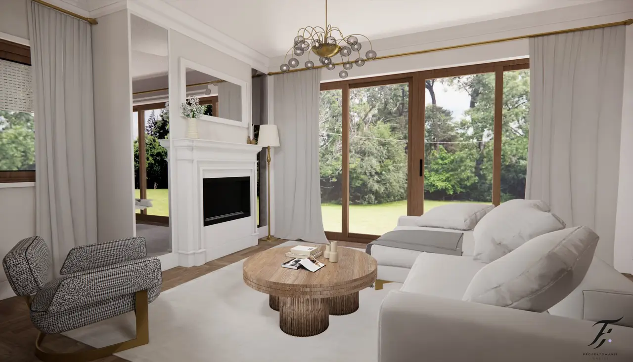 Elegancki, luksusowy salon w klasycznym stylu, wypełniony jasnymi kolorami. Centralnym punktem wnętrza jest kominek, gdzie umieściliśmy  lustra po obu jego stronach, optycznie powiększające przestrzeń. W salonie znajduje się biała, stylowa sofa, która nadaje wnętrzu świeżości i lekkości. Przed sofą stoi drewniany stolik kawowy, dodający ciepła i naturalnego akcentu. Kontrastuje z nim wyrazisty fotel w kratkę, który przyciąga wzrok i wprowadza odrobinę wzorniczej dynamiki. 