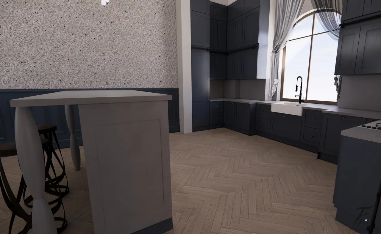  jadalnia połączoną z aneksem kuchennym. W centralnej części znajduje się kamienny, owalny stół otoczony ciemnymi, eleganckimi krzesłami. W tle widać ścianę pokrytą wzorzystą tapetą fornasetti a dolna część ściany jest wykończona drewnianymi panelami w ciemnoniebieskim kolorze. Nad stołem zawieszone są minimalistyczne, nowoczesne lampy o organicznych kształtach, które dodają wnętrzu futurystycznego charakteru. Po prawej stronie widoczny jest barek kuchenny z trzema stołkami barowymi oraz zabudowana kuchnia w ciemnoniebieskiej kolorystyce. Całe wnętrze utrzymane jest w eleganckim, stonowanym stylu, z dbałością o detale i harmonię kolorystyczną. Na podłodze znajduje się parkiet ułożony w jodełkę, co dodatkowo podkreśla luksusowy charakter pomieszczenia.