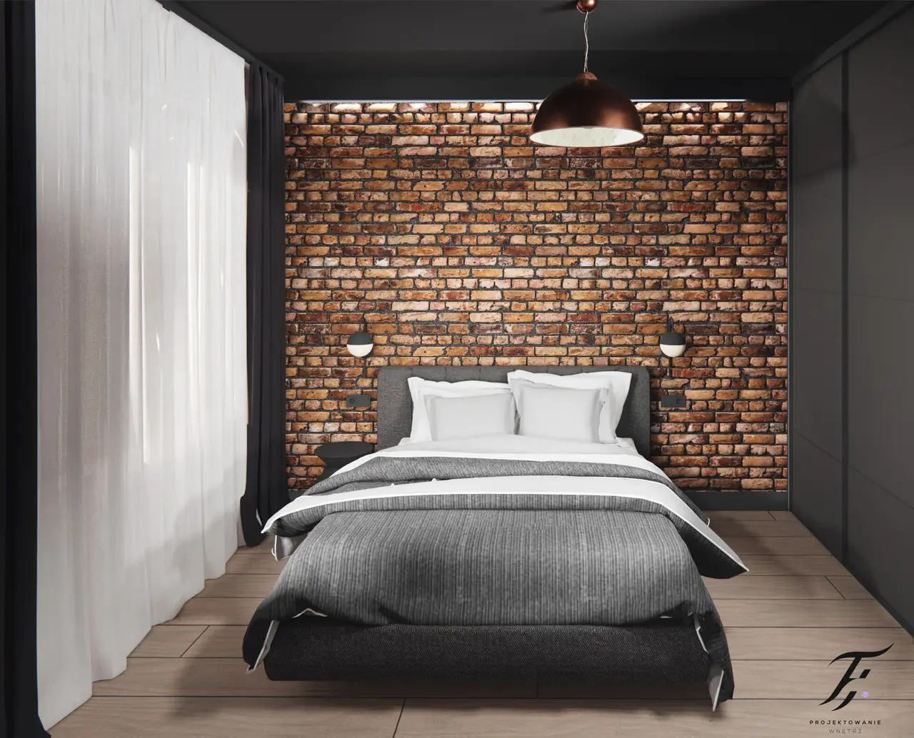 czarna sypialnia z cegłą