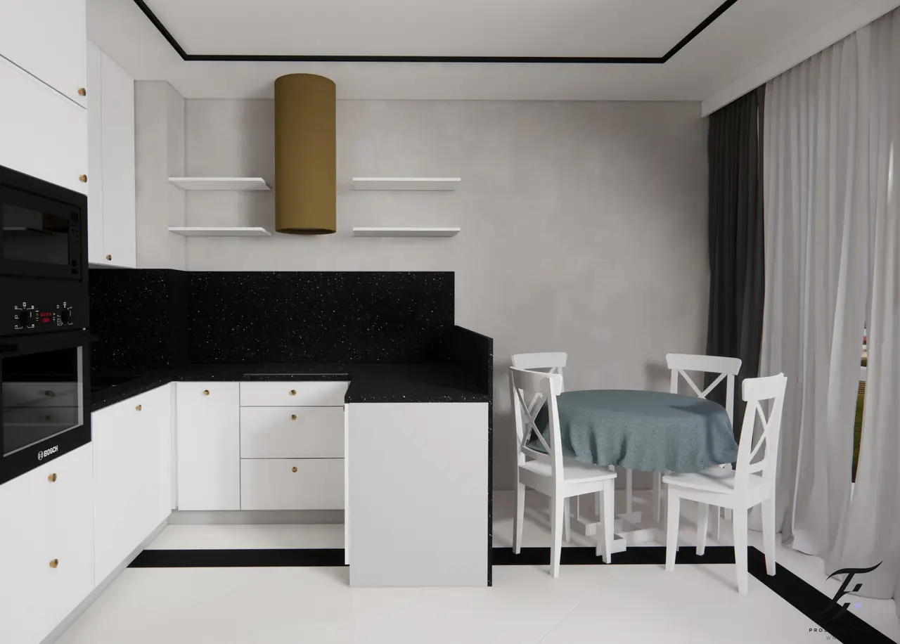 kuchnia z salonem bialo czarna