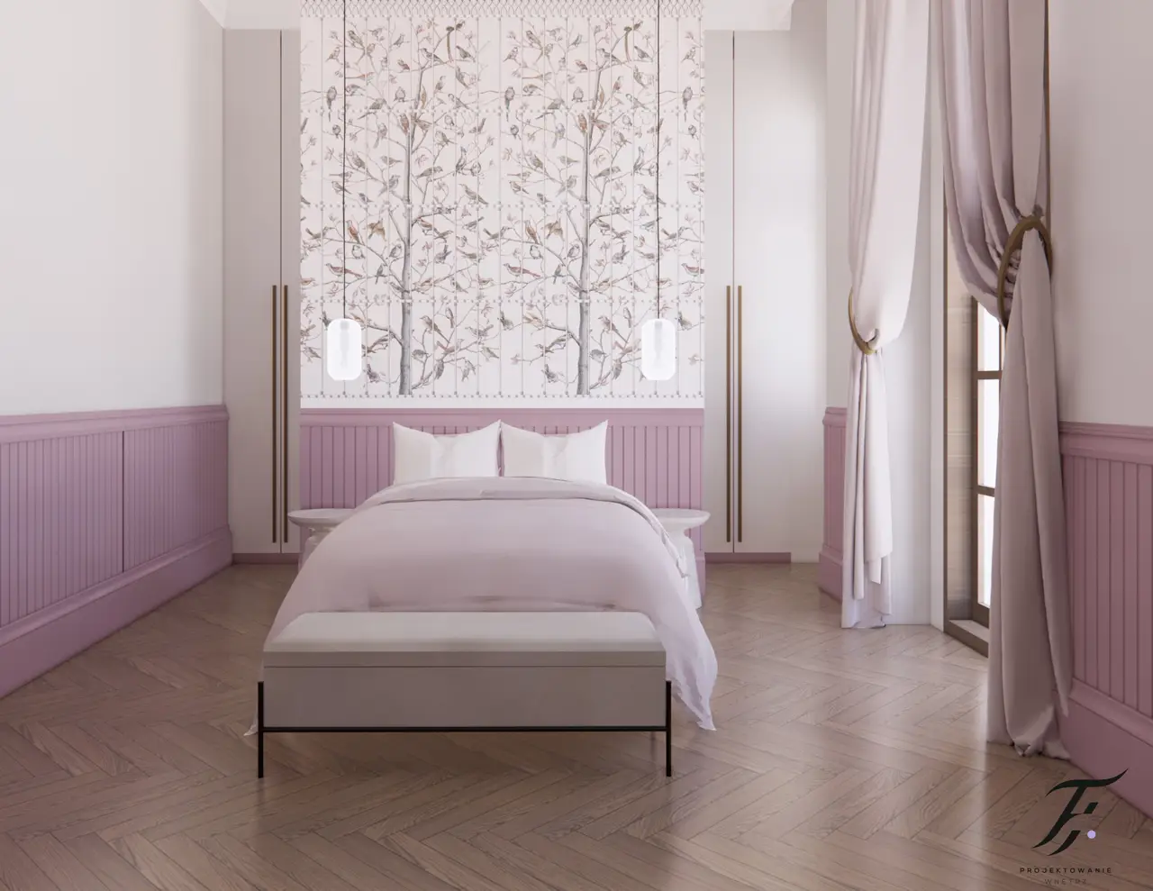 różowa sypialnia dla nastolatki, z tapetą fornasetti . ukrytymi szafami za 