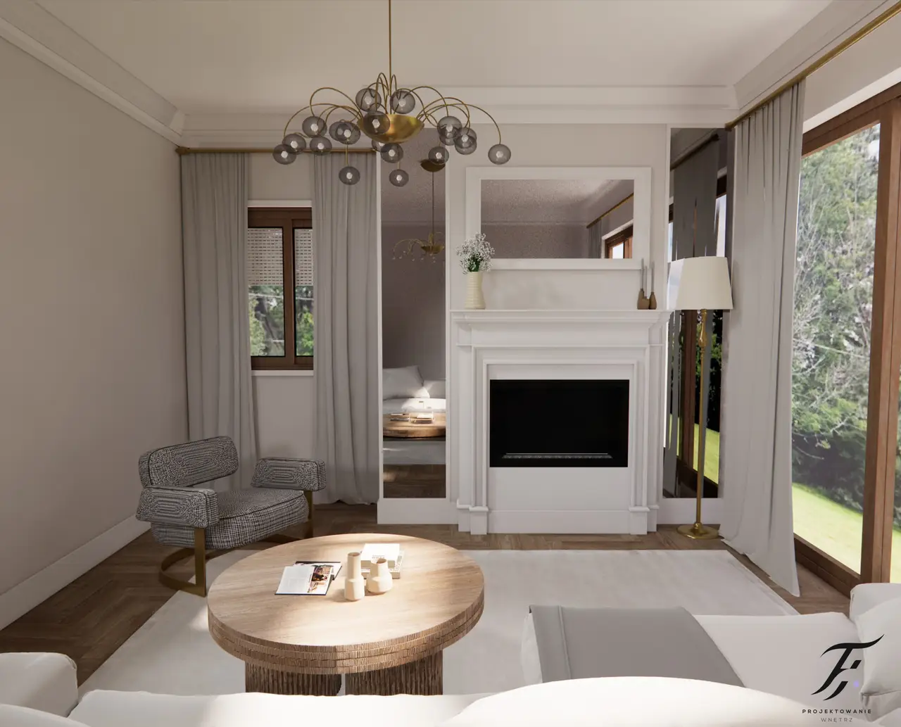 Elegancki, luksusowy salon w klasycznym stylu, wypełniony jasnymi kolorami. Centralnym punktem wnętrza jest kominek, gdzie umieściliśmy  lustra po obu jego stronach, optycznie powiększające przestrzeń. W salonie znajduje się biała, stylowa sofa, która nadaje wnętrzu świeżości i lekkości. Przed sofą stoi drewniany stolik kawowy, dodający ciepła i naturalnego akcentu. Kontrastuje z nim wyrazisty fotel w kratkę, który przyciąga wzrok i wprowadza odrobinę wzorniczej dynamiki. 