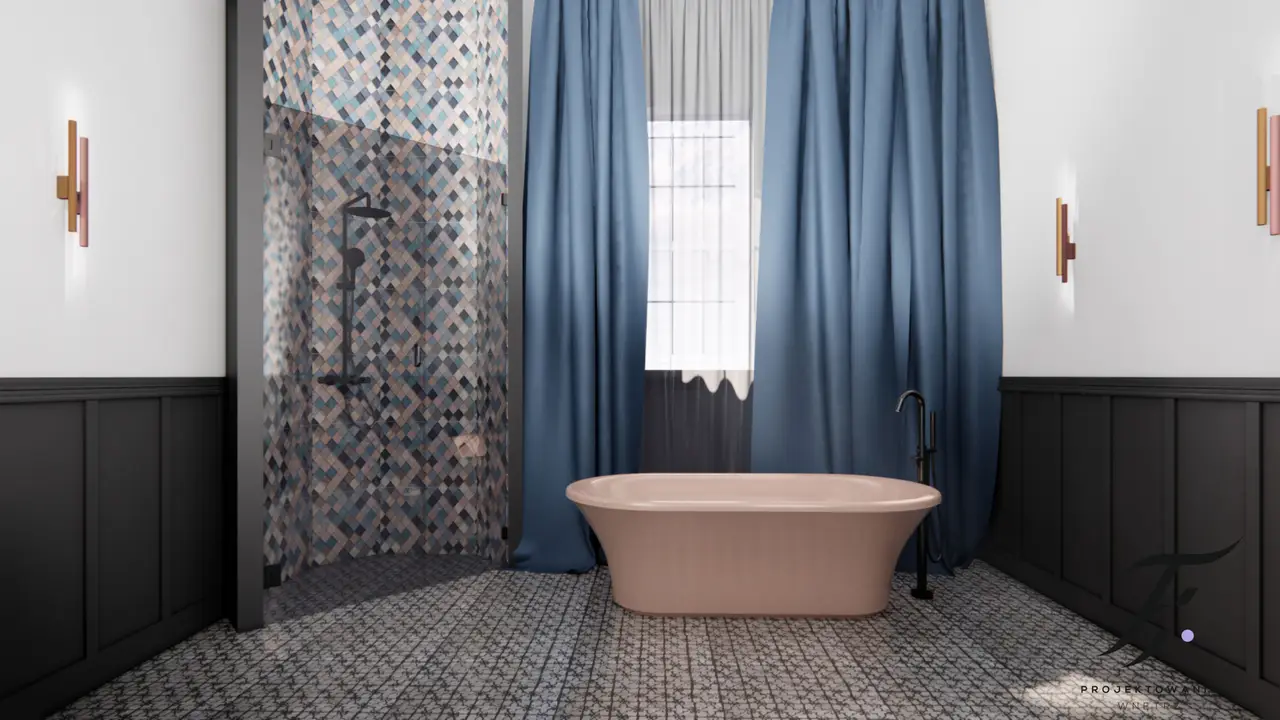 Kolorowa, elegancka łazienka z wanna w kolorze cielistym , z pięknymi kolorowymi mozaikami 