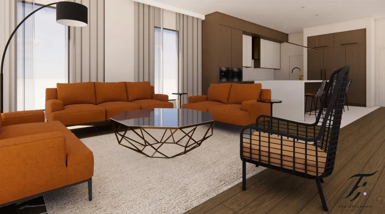 Projekt przedstawia kuchnię połączoną z salonem, utrzymany w eleganckim i nowoczesnym stylu. Kuchnia wyróżnia się połączeniem naturalnego drewna z białymi elementami oraz płytkami lastryko, które dodają wnętrzu charakteru. Centralnym punktem kuchni jest duża wyspa kuchenna, wokół której znajduje się zabudowa kuchenna. Złoty okap i złoty kran przyciągają wzrok i dodają luksusowego akcentu.  W salonie dominują pomarańczowe kanapy, które kontrastują z neutralnymi kolorami kuchni, tworząc ciepłą i przytulną atmosferę. Całość wnętrza jest harmonijna i nowoczesna, a zarazem funkcjonalna.