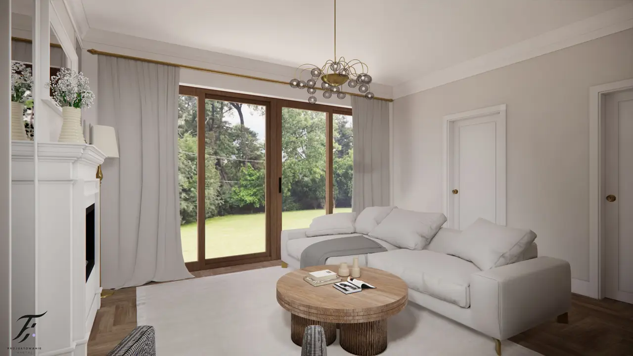 Elegancki, luksusowy salon w klasycznym stylu, wypełniony jasnymi kolorami. Centralnym punktem wnętrza jest kominek, gdzie umieściliśmy  lustra po obu jego stronach, optycznie powiększające przestrzeń. W salonie znajduje się biała, stylowa sofa, która nadaje wnętrzu świeżości i lekkości. Przed sofą stoi drewniany stolik kawowy, dodający ciepła i naturalnego akcentu. Kontrastuje z nim wyrazisty fotel w kratkę, który przyciąga wzrok i wprowadza odrobinę wzorniczej dynamiki. 