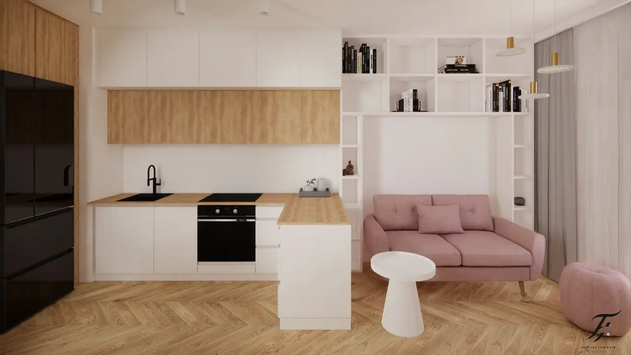 biała kuchnia z drewnem i sofą pudrowy róż 
