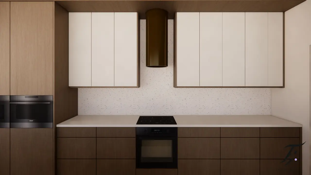 Projekt przedstawia kuchnię połączoną z salonem, utrzymany w eleganckim i nowoczesnym stylu. Kuchnia wyróżnia się połączeniem naturalnego drewna z białymi elementami oraz płytkami lastryko, które dodają wnętrzu charakteru. Centralnym punktem kuchni jest duża wyspa kuchenna, wokół której znajduje się zabudowa kuchenna. Złoty okap i złoty kran przyciągają wzrok i dodają luksusowego akcentu.  W salonie dominują pomarańczowe kanapy, które kontrastują z neutralnymi kolorami kuchni, tworząc ciepłą i przytulną atmosferę. Całość wnętrza jest harmonijna i nowoczesna, a zarazem funkcjonalna.