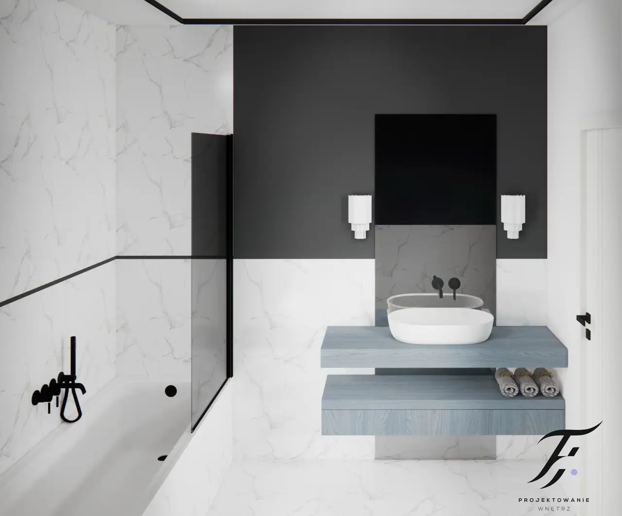 biało czarna łazienka z niebieskim