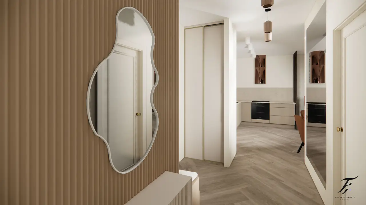 korytarz , kasmzirowa szafa , widoczna kaszmirowa kuchnia 