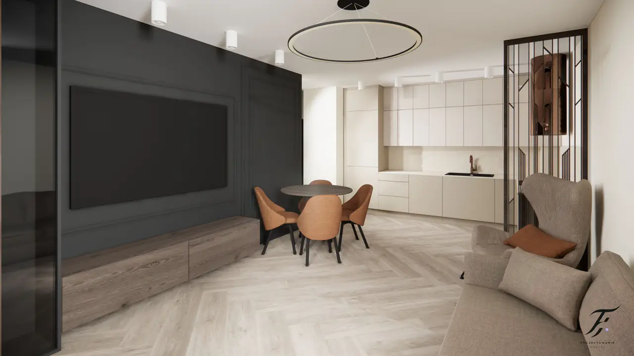 antracytowa ściana salonu , kaszmirowa kuchnia , rude krzesła 