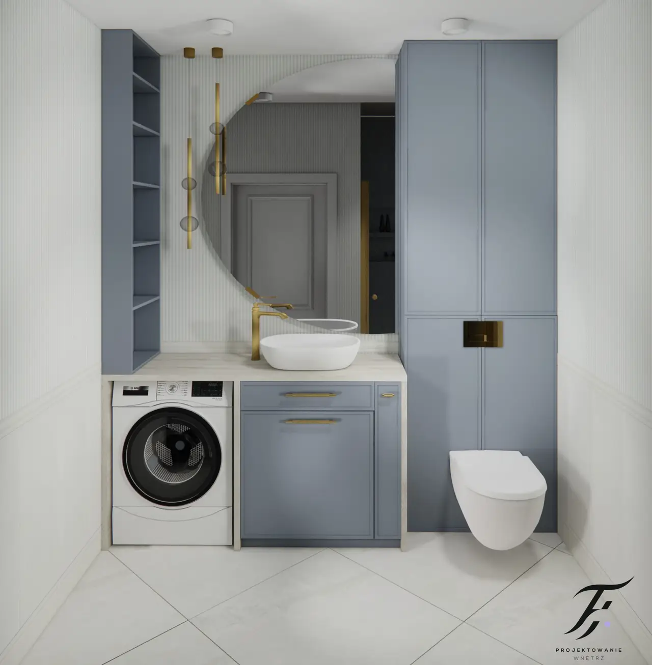 łazienka , niebieskie meble, zabudowa 